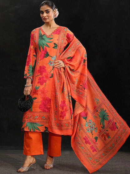 Orange Floral Printed Cotton Blend Straight Suit Set