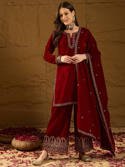 Dhiyona KL Embroidered Notch Neck Straight Velvet Kurta With Palazzos And Dupatta