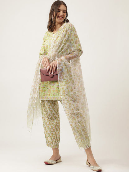 Dhiyona KL Floral Printed Gotta Patti Pure Cotton Kurta With Salwar & Dupatta