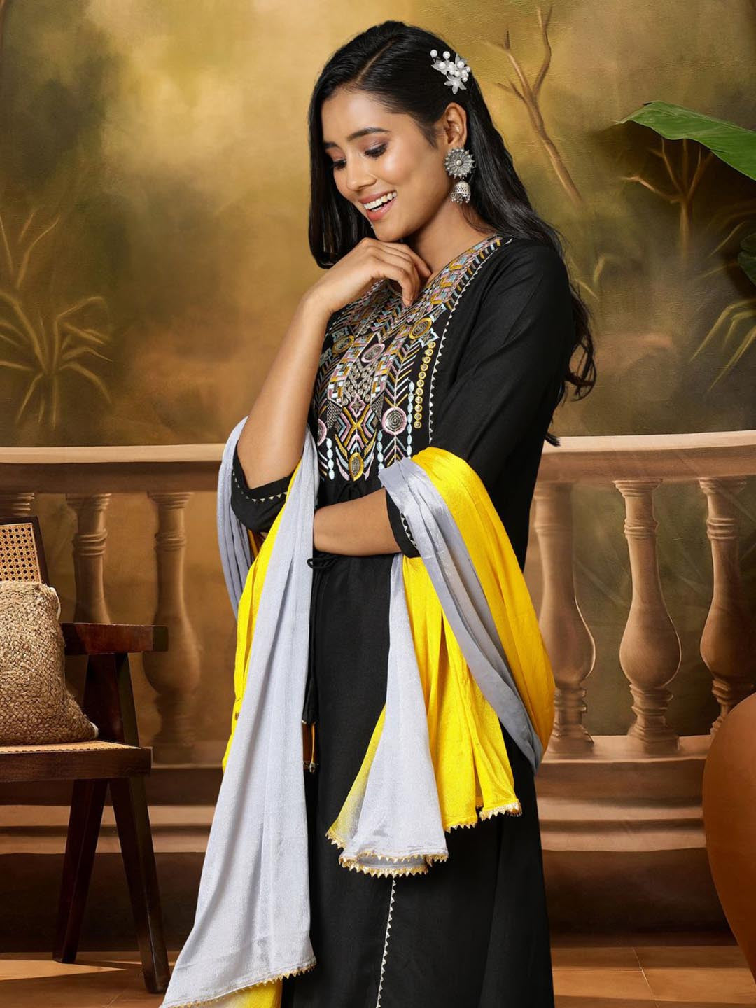 Women Black Cotton Silk Yoke Embroidery A-line Kurta Palazzo With Dupatta Set