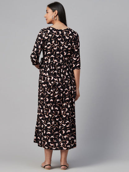 Dhiyona AY Women's Black & Off-White Printed Maternity A-Line Dress