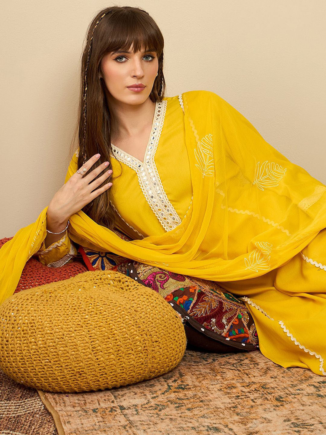 Straight Mirror Work Kurta with Trousers & Dupatta