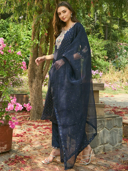 Dhiyona IE Round Neck Floral Embroidered Straight Kurta with Trouser & Dupatta