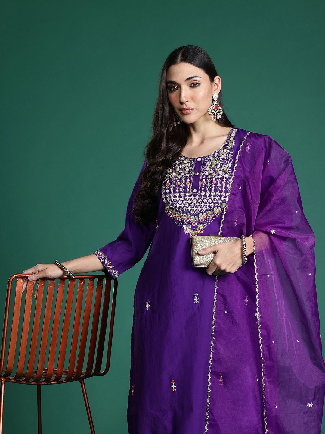 Dhiyona IE Ethnic Motifs Embroidered Sequinned Kurta with Trousers & With Dupatta