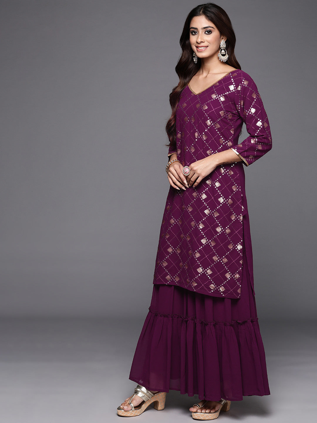 Women Embroidered Regular Sequined Kurta with Sharara & Dupatta