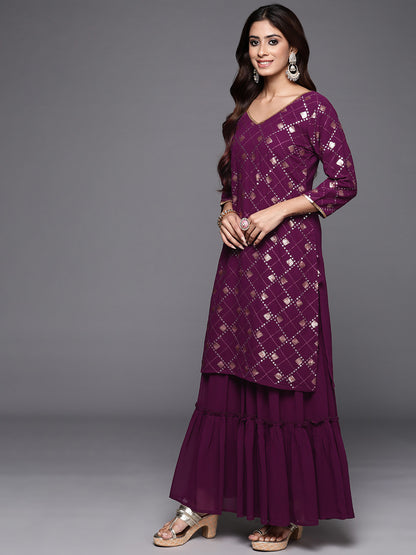 Women Embroidered Regular Sequined Kurta with Sharara & Dupatta