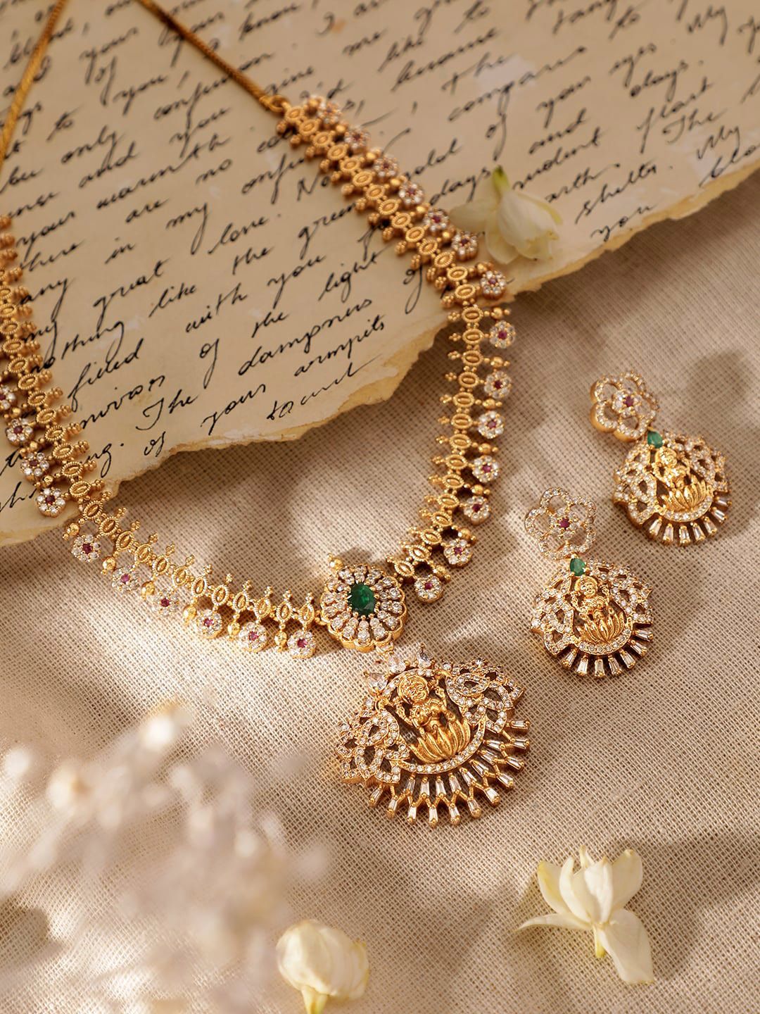 Dhiyona RJ Women's 22 KT Gold Plated CZ Emerald-Studded Goddess Lakshmi Jewellery Set