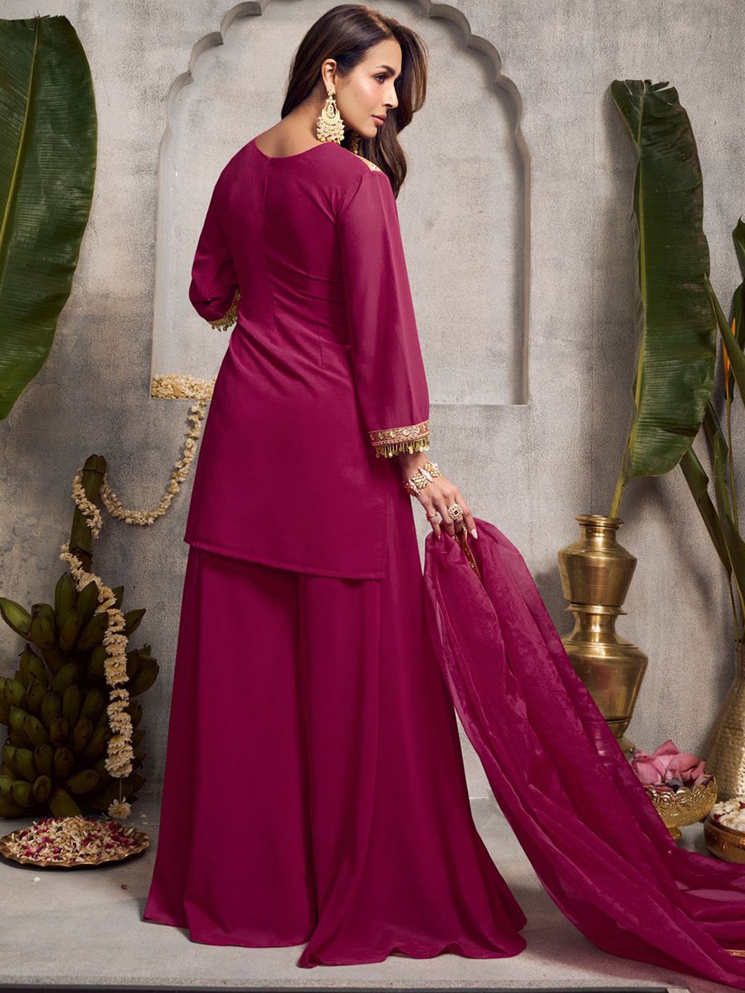 Dhiyona IN Floral Embroidered Sequinned Kurta With Palazzos & Dupatta