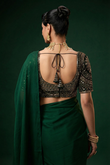 Dhiyona ST Green Hand Embroidered Cut Dana Sabya Blouse – Free-Size Adjustable 32–40 inches | Couture Designer Blouse