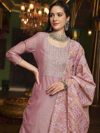 Dhiyona SN Women's Embroidered Straight Kurta With Trouser & Dupatta Set