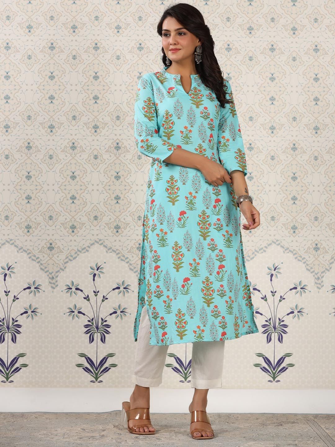 Dhiyona OD  Floral Printed Mandarin Collar Pure Cotton Kurta