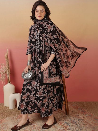 Women Floral Printed Regular Pure Cotton Kurta with Trousers & With Dupatta