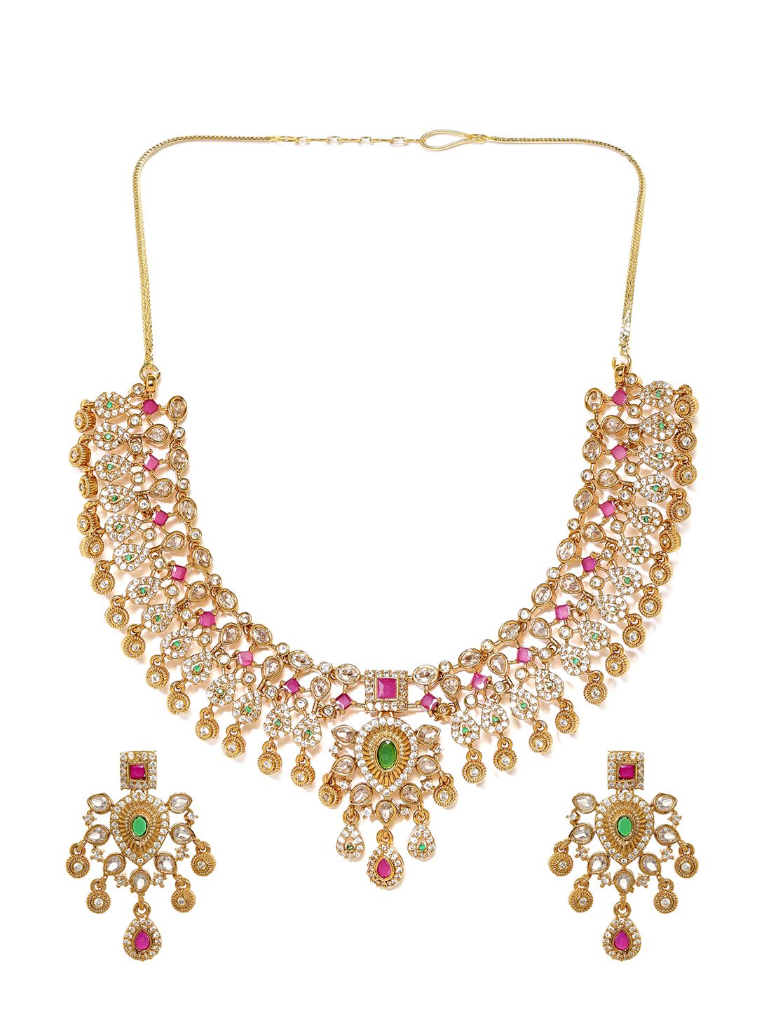 Dhiyona RJ Women's 22K Gold-Plated Brass Emerald Ruby Pink Kundan & CZ Stone Traditional Necklace Set