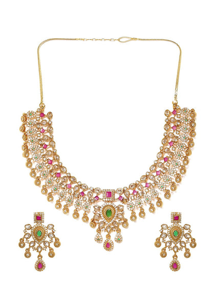 Dhiyona RJ Women's 22K Gold-Plated Brass Emerald Ruby Pink Kundan & CZ Stone Traditional Necklace Set