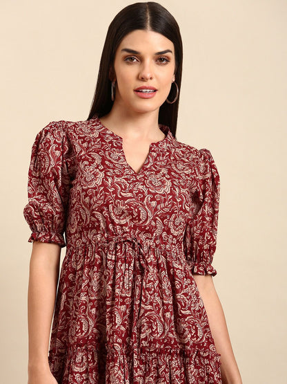 Dhiyona AY Women's Red Floral Ethnic A-Line Cotton Midi Ethnic Dress