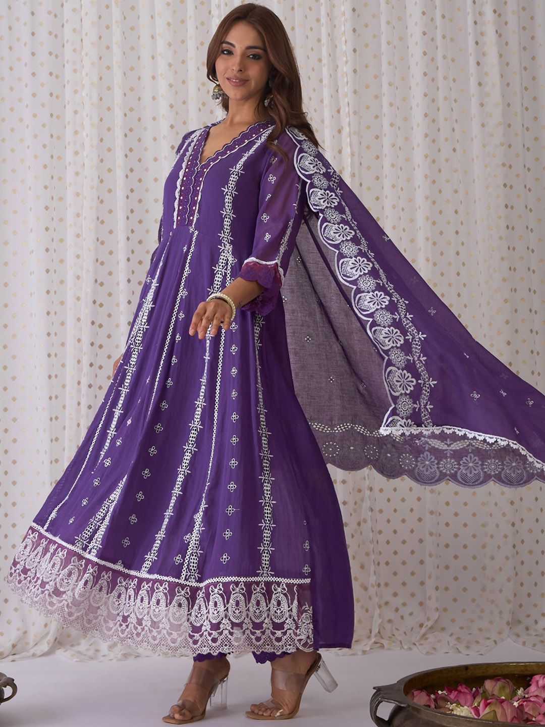 Dhiyona IE Ethnic Motifs Embroidered V-Neck Pure Cotton Kurta with Trousers & Dupatta