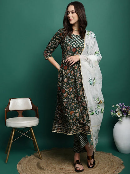 Dhiyona SN Women's Floral Printed Pure Cotton A-Line Kurta With Trousers & Dupatta