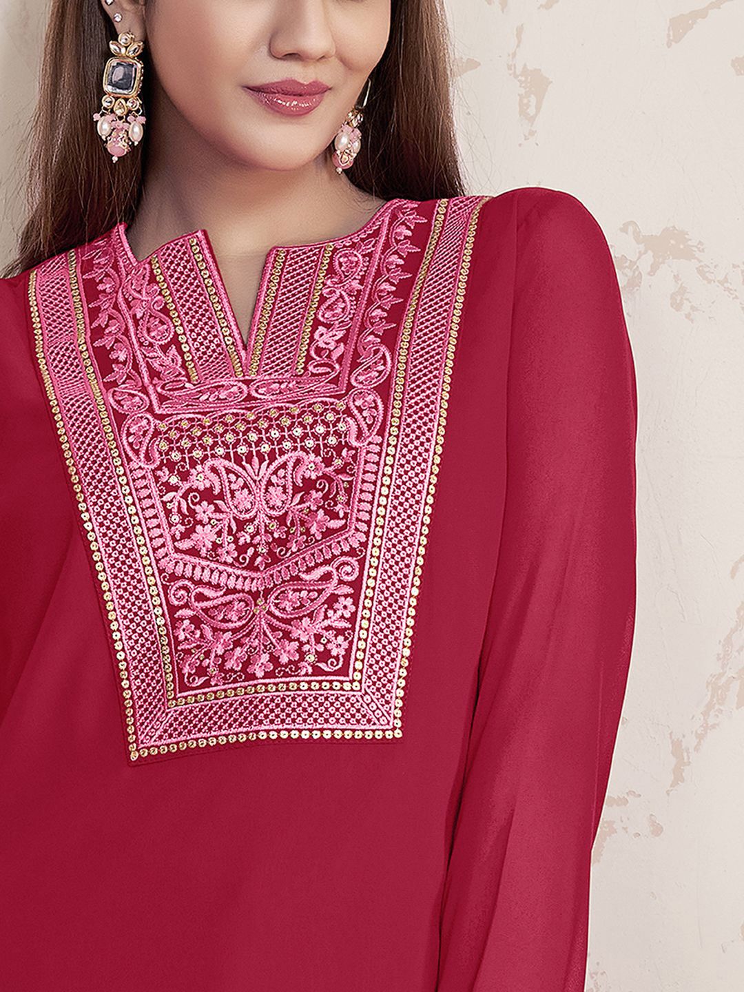 Dhiyona IN Ethnic Motifs Embroidered Sequinned Georgette Straight Kurti With Sharara & Dupatta