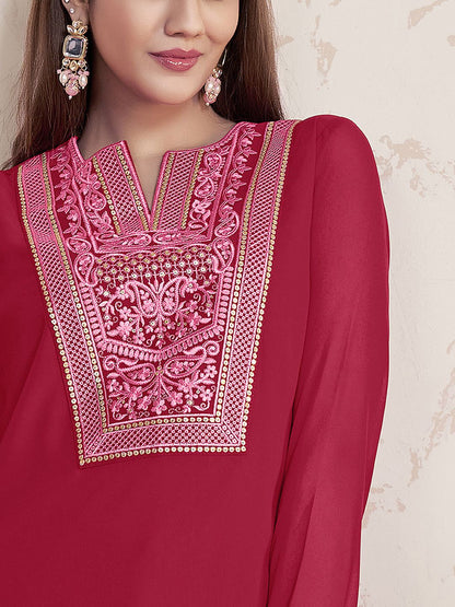 Dhiyona IN Ethnic Motifs Embroidered Sequinned Georgette Straight Kurti With Sharara & Dupatta