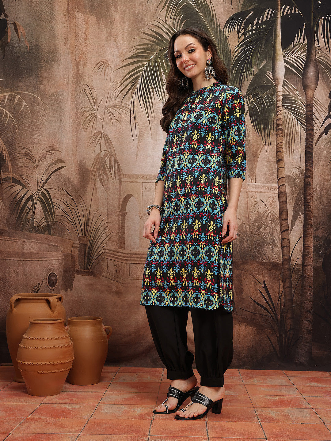 Floral Printed Band Collar Kurta with Salwar