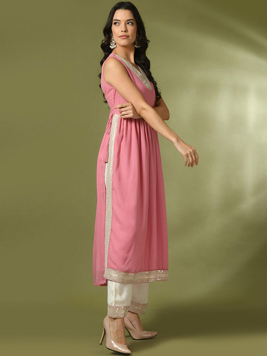 Embroidered Sequined A-Line Kurta With Trousers