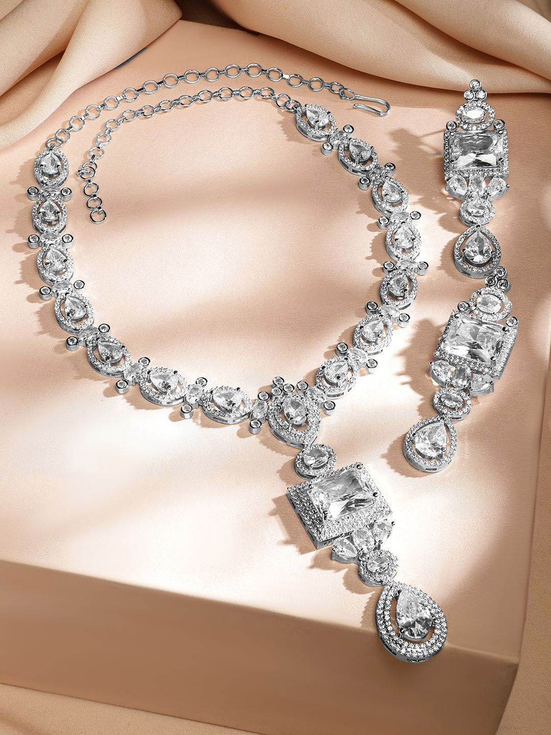 Dhiyona RJ Women's Rhodium-Plated White Cubic Zirconia Studded Statement Luxe Jewellery Set