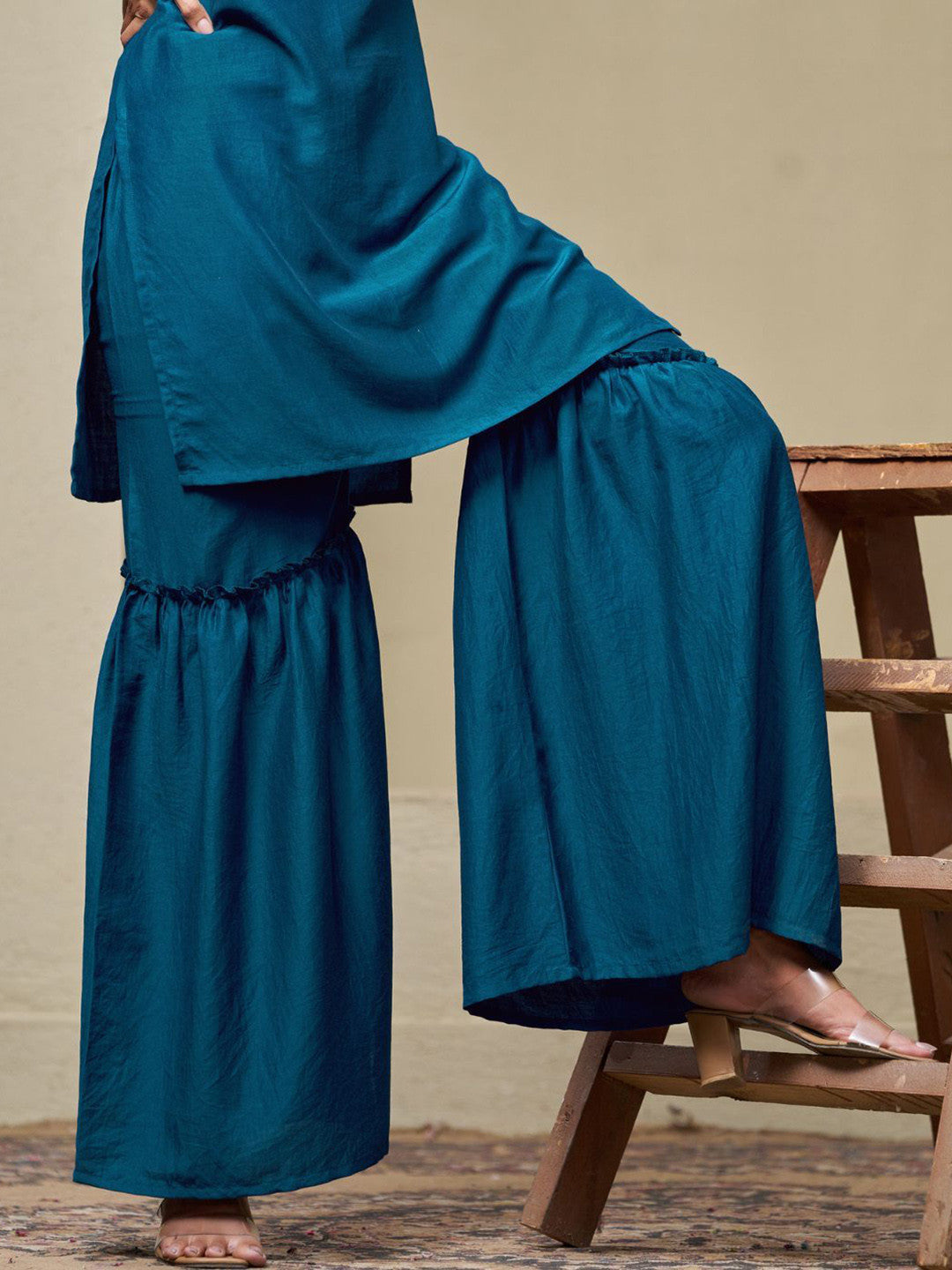 Women Cotton Silk Embroidered Straight Kurta Sharara With Dupatta Set