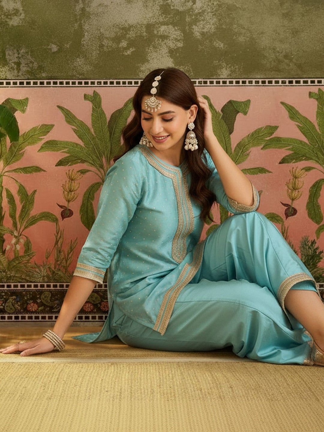 Woven Desig Round Neck Kurta & Palazzos With Dupatta