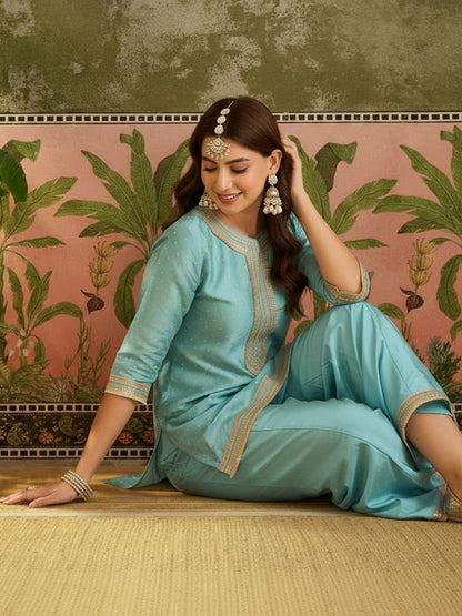 Woven Desig Round Neck Kurta & Palazzos With Dupatta