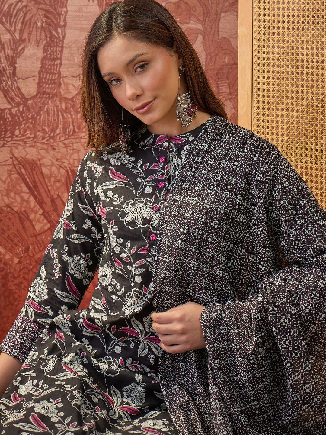 Printed Pure Cotton Mandarin Collar Kurta & Trousers Kurta Set