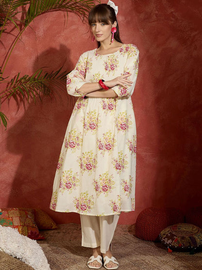 Dhiyona IE Women Floral Printed Cotton Kurta with Trousers