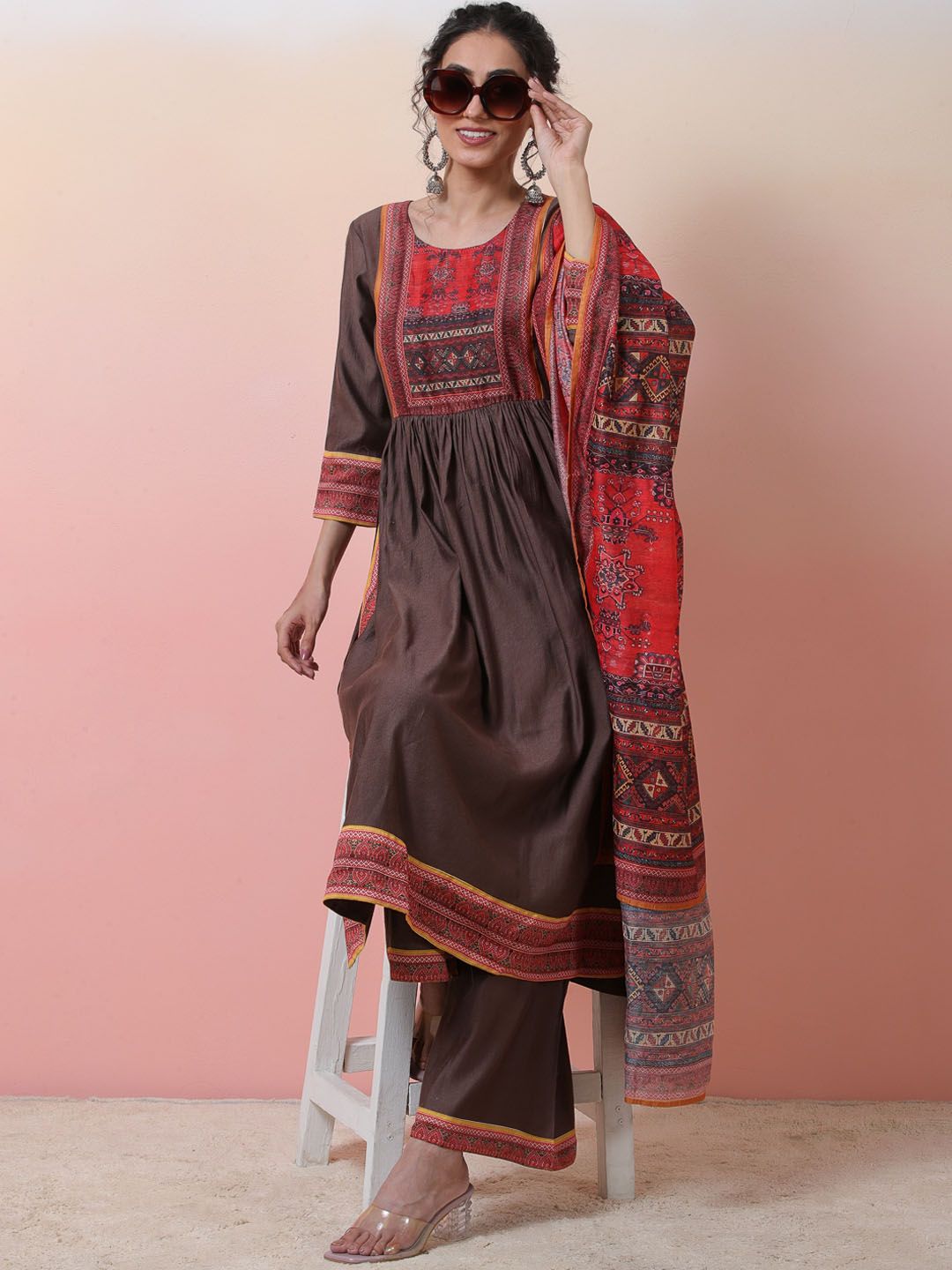 Dhiyona SN Ethnic Motifs Printed Round Neck A-line Kurta With Palazzos & Dupatta