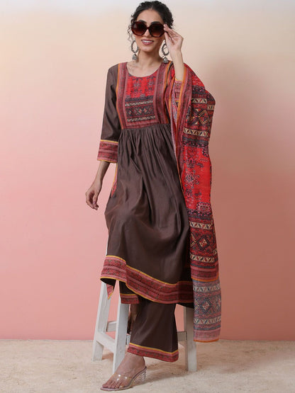 Dhiyona SN Ethnic Motifs Printed Round Neck A-line Kurta With Palazzos & Dupatta