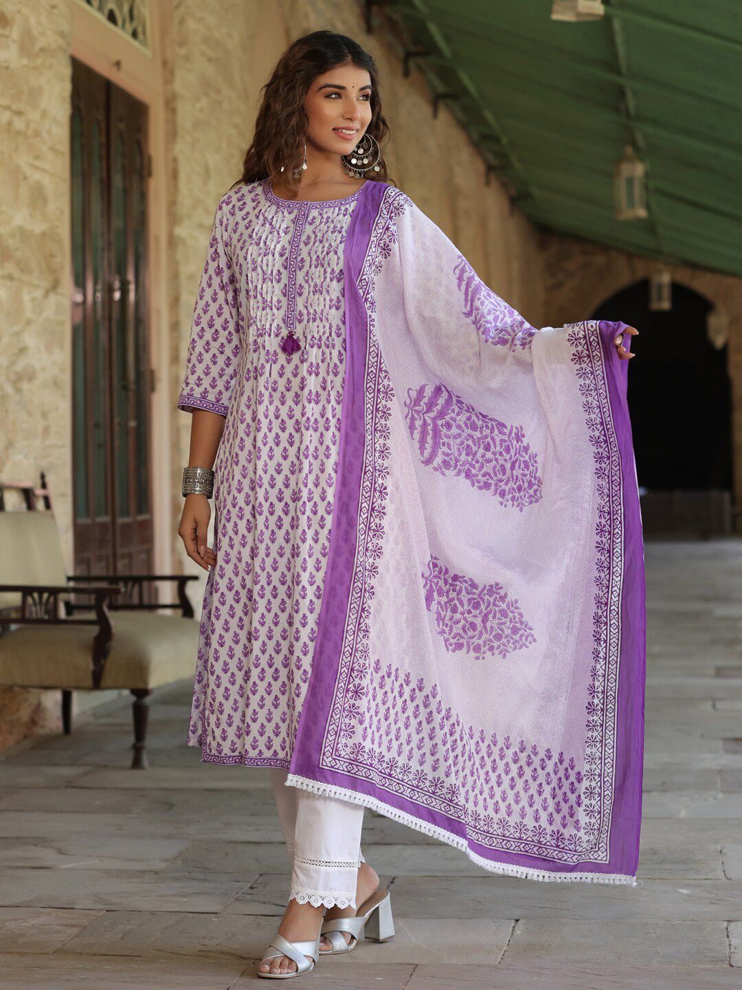 Dhiyona RR Women's Ethnic Motifs Printed Regular Pure Cotton Kurta with Trousers & Dupatta