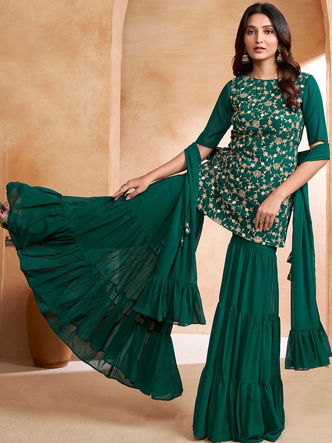 Dhiyona IN Floral Embroidered Kurta With Sharara & Dupatta