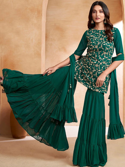 Dhiyona IN Floral Embroidered Kurta With Sharara & Dupatta
