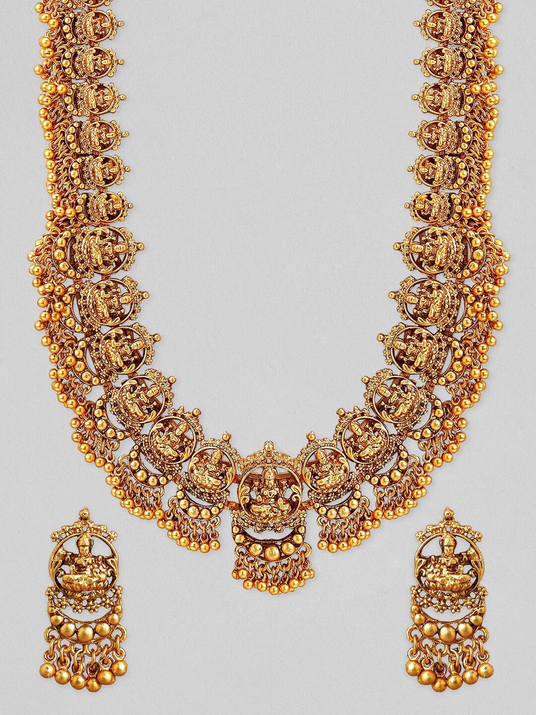 Dhiyona RJ Women's 22K Gold-Plated Divine Lakshmi Motif Temple Jewellery Set with Gold Bead Accents