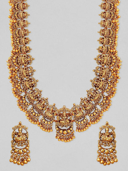 Dhiyona RJ Women's 22K Gold-Plated Divine Lakshmi Motif Temple Jewellery Set with Gold Bead Accents