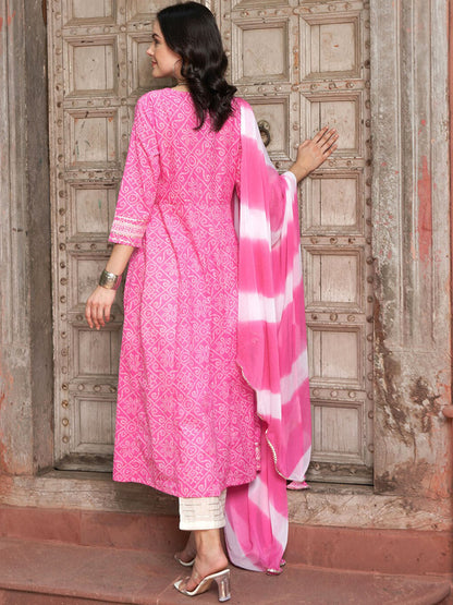 Pink Bandhani Printed Angrakha Mirror Work Pure Cotton Kurta Set