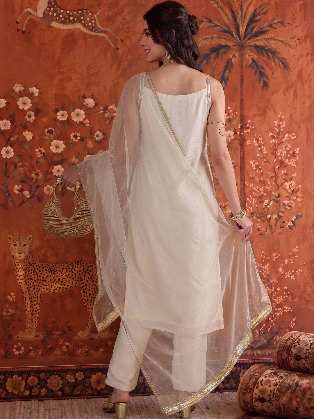 Silk Blend Round Neck Kurta & Churidar With Dupatta