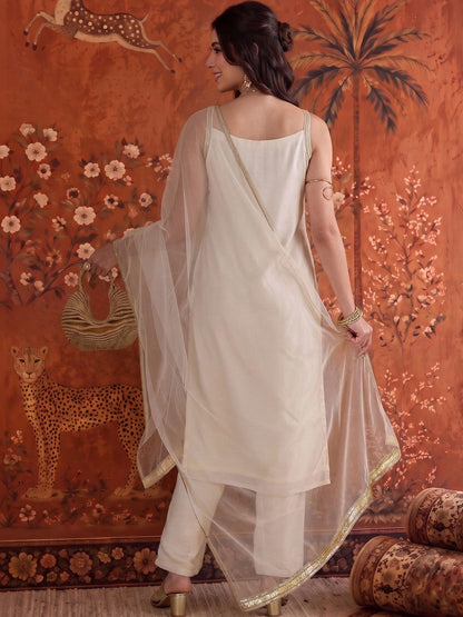 Silk Blend Round Neck Kurta & Churidar With Dupatta