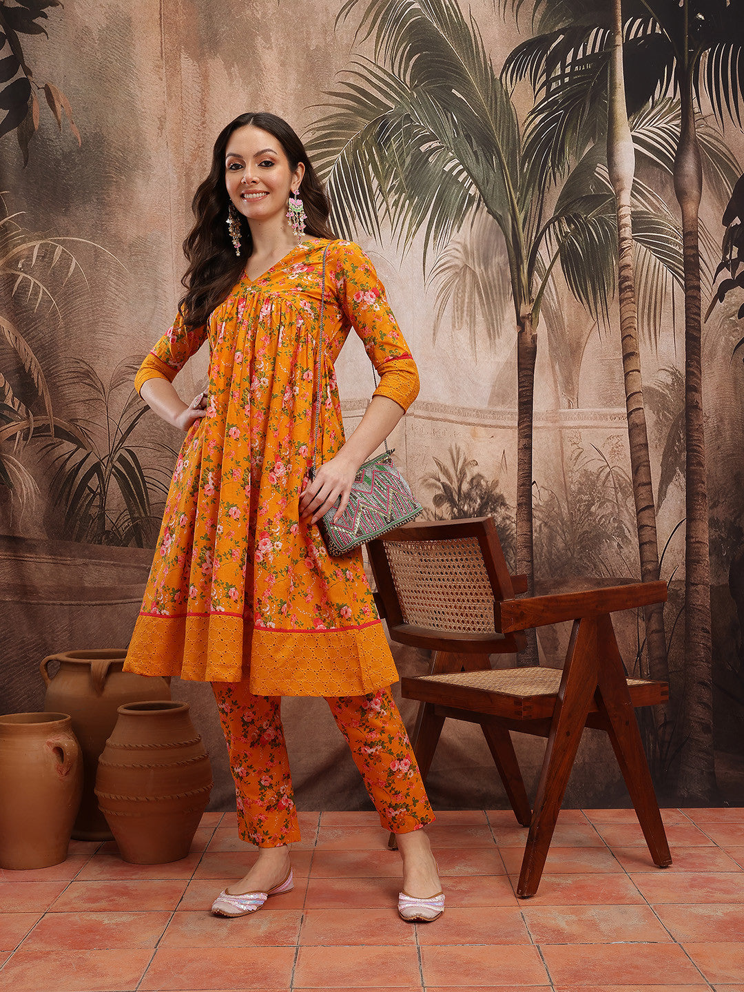 Floral Printed Empire Schiffli Cotton Kurta with Trousers