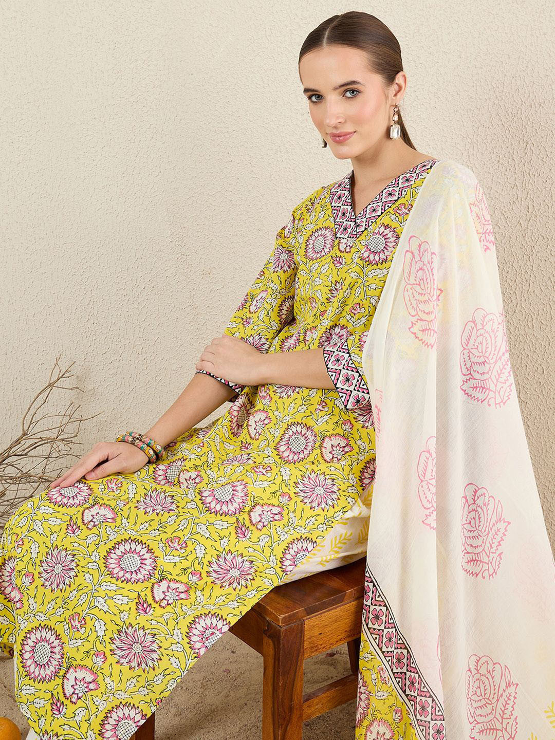 Floral Printed Pure Cotton V-Neck Straight Kurta with Trousers and Dupatta