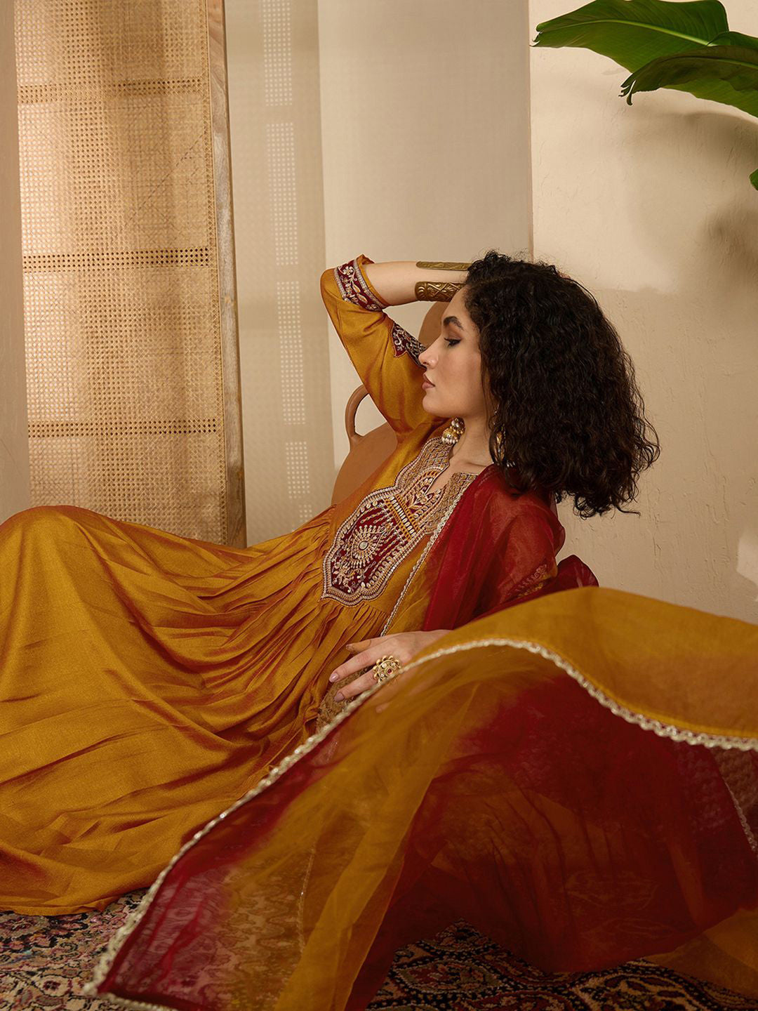 Zari Sequence Thread Embroidered A-Line Kurta With Trouser & Dupatta