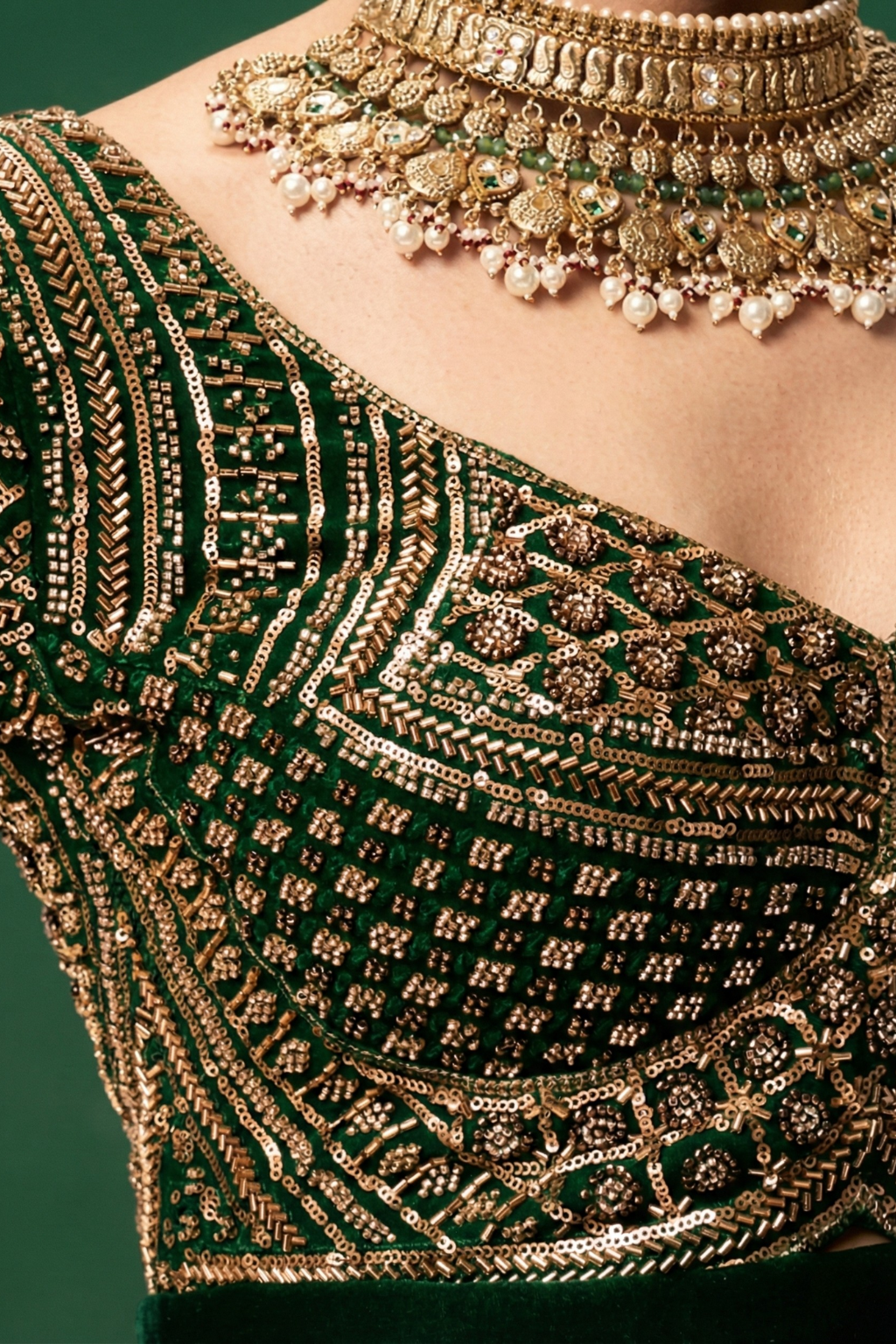 Dhiyona ST Green Hand Embroidered Cut Dana Sabya Blouse – Free-Size Adjustable 32–40 inches | Couture Designer Blouse