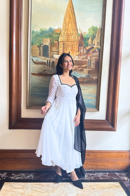 Dhiyona ST 3 pc Suit Set -Ebony and Ivory Georgette 3/4th Sleeve Embroidered Anarkali with Dupatta and Pants