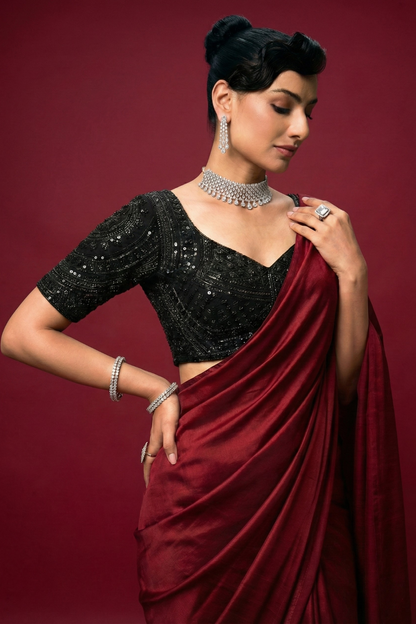 Dhiyona ST Black Hand Embroidered Cut Dana Sabya Blouse – Free-Size Adjustable 32–40 inches | Couture Designer Blouse