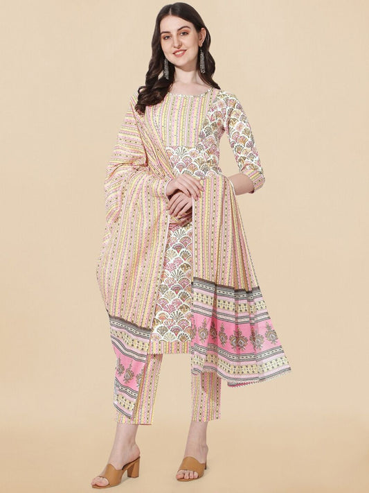 Dhiyona KL Ethnic Motifs Printed Pure Cotton Round Neck Kurta with Trousers & Dupatta