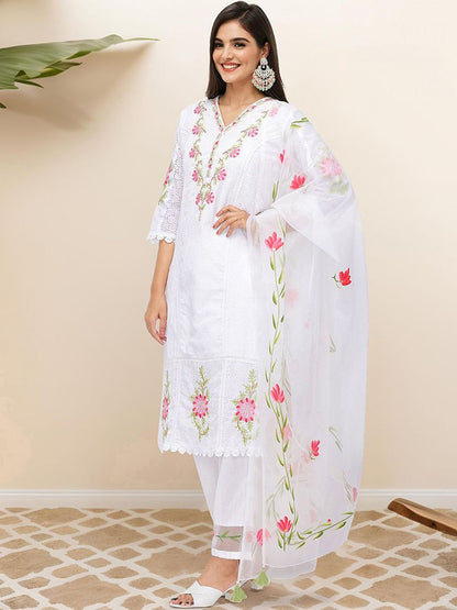 Dhiyona IS Women's Floral Embroidered Thread Work Pure Cotton Kurta with Trousers & Dupatta