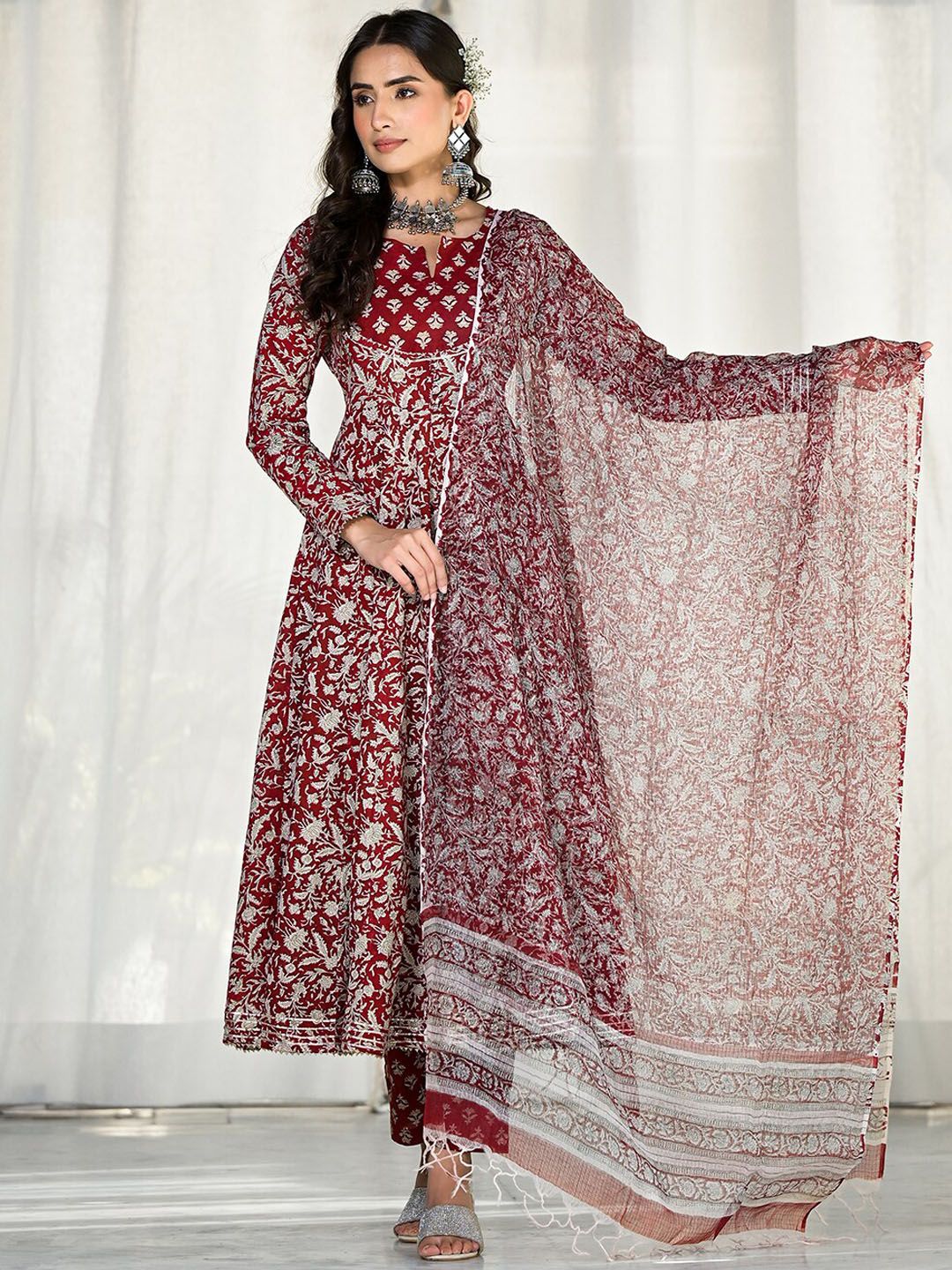 Dhiyona KL Floral Embroidered Gotta Patti Pure Cotton Anarkali Kurta With Trousers & Dupatta